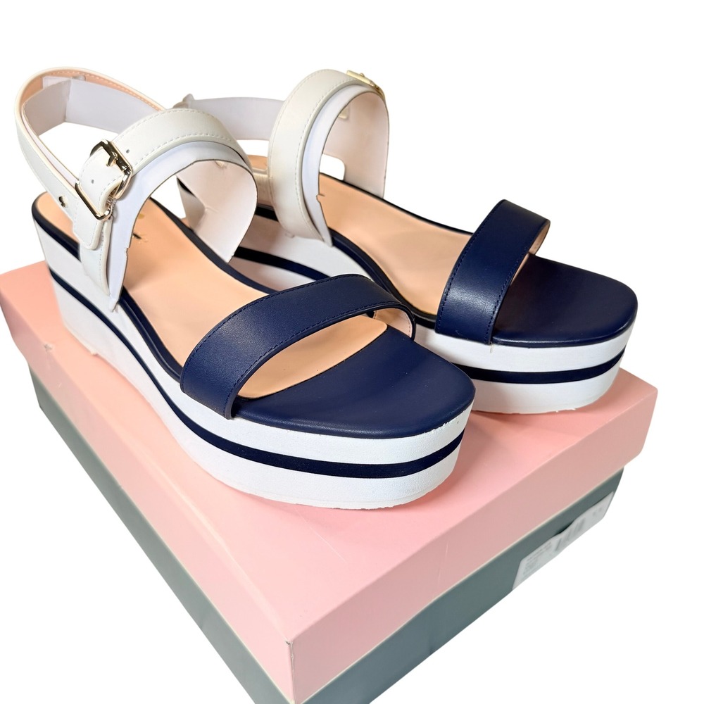 Kate Spade Hayden Platform Wedge Sandals Womens 9 Blue White Nautical Summer